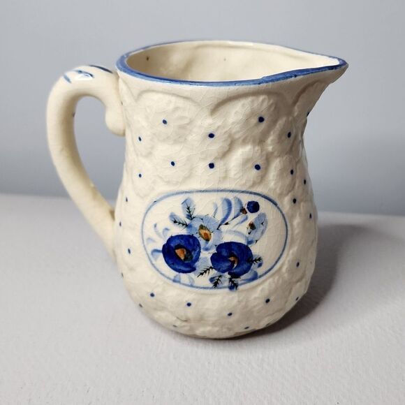 Small Pitcher or Creamer Hand Painted JAPAN Blue Flowers & Dots Embossed - Picture 1 of 7